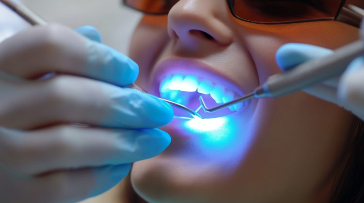 Patient receiving cosmetic dental treatment with curing light at Mark Michna, DDS in Greenbrae, CA.
