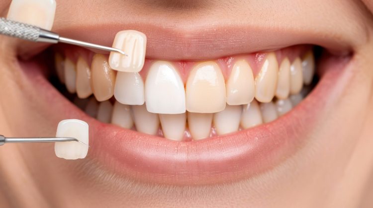 Close-up of a patient’s smile during a veneer fitting, showing color comparison tools against natural teeth at Mark Michna, DDS in Greenbrae, CA.