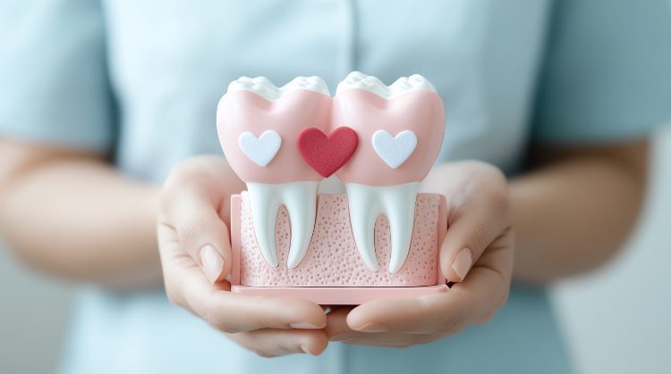 Model of two healthy teeth with hearts symbolizing the link between oral health and heart disease, held by a dental professional at Mark Michna, DDS in Greeenbrae, CA