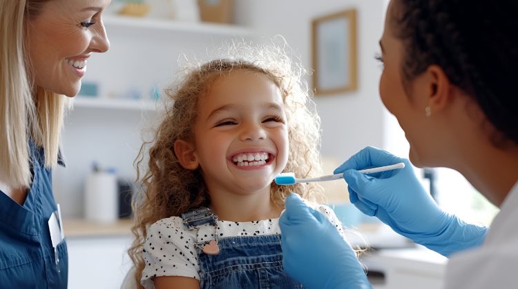 A smiling child receiving a dental check-up from a friendly hygienist at Mark Michna, DDS in Greenbrae, CA, with a parent nearby during a routine kids' dental visit.